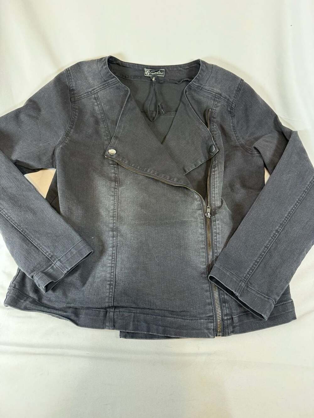 DG2 By Diane Gilman Denim Moto Jacket Size M Black Asymmetrical Zip Edgy Witchy